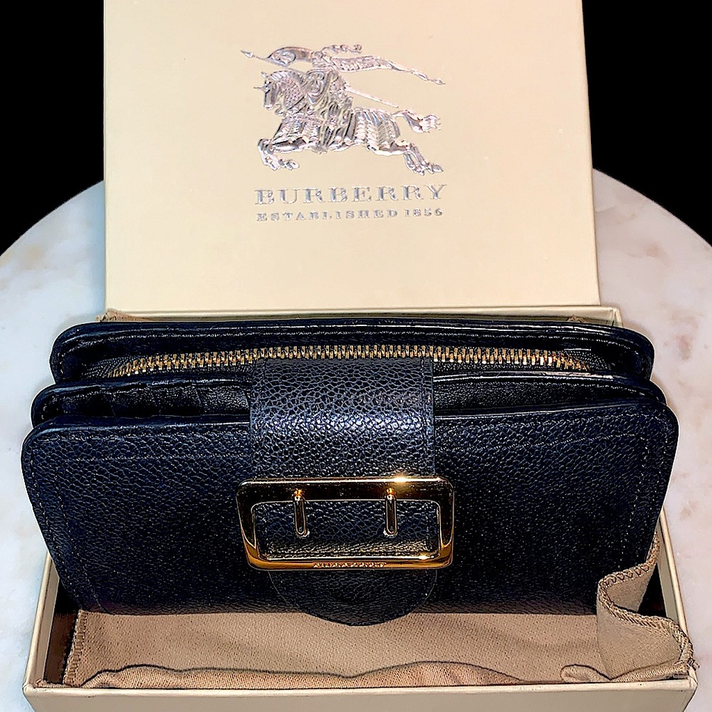 BURBERRY COMPACT ZIPPY WALLET BLACK LEATHER NOVA CHECK BOX DUST COVER HAMPSTEAD - Picture 5 of 15